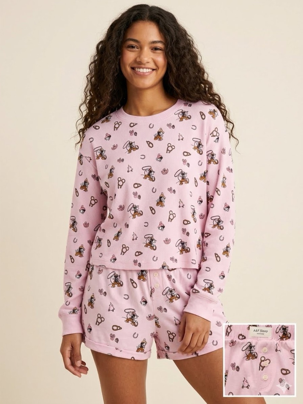 American Eagle mickey & Minnie pajama set western soft graphic pink pj set 🩷